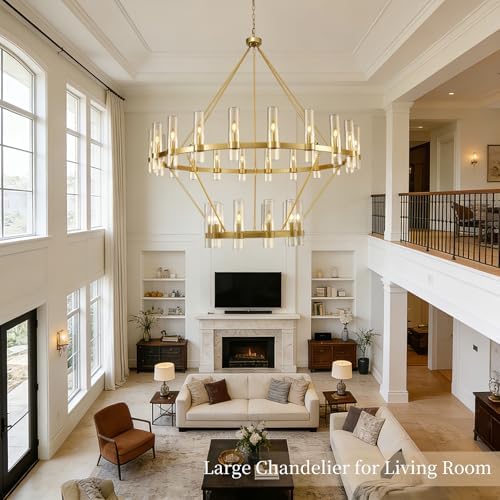 Gold Wagon Wheel Chandelier 2 Tier, 60 Inch Chandeliers with Glass Shade, 30-Light Large Chandelier for High Ceiling, Modern Farmhouse Chandeliers for Living Room, Dining Room, Entryway and Staircase - Image 4