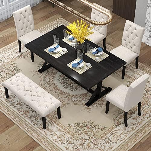 Mirightone 6-Piece Farmhouse Dining Table Set for 6 Rectangular Table Set with 4 Upholstered Chairs and Bench, Solid Wood Dining Table Set for Kitchen, Dining Room (Espresso) - Image 2