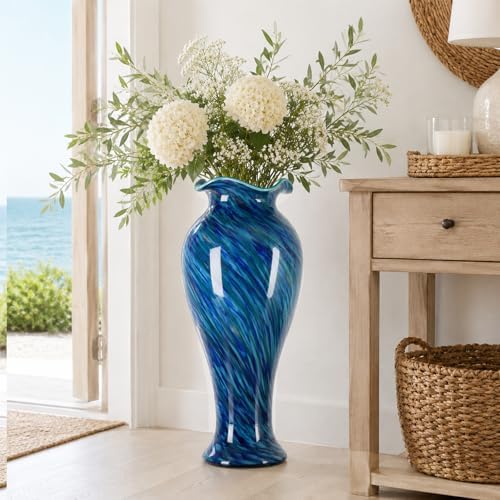 20" Tall Hand Blown Glass Vase – Pretty Ruffle Wide Mouth Decorative Flower Vase, for Modern Home Decor, Ideal Centerpiece for Living Rooms, Wedding & Home Decor by LINYTHER