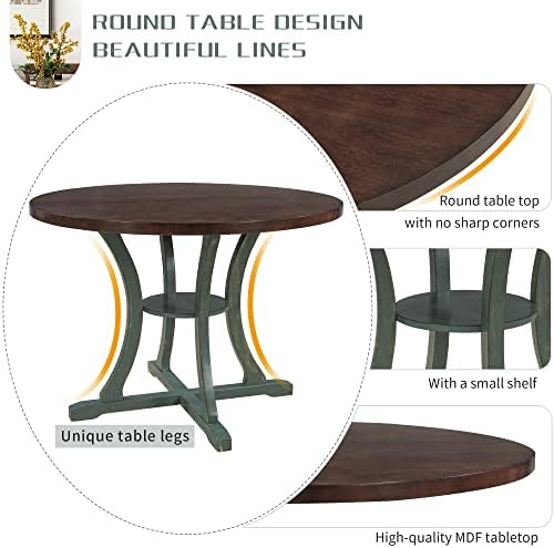 Harper & Bright Designs Retro Style Round Kitchen Dining Table Set for 4, 5 Piece Round Dining Table and 4 Fabric Chairs with Special-Shaped Table Legs and Storage Shelf, Antique Blue/Dark Brown - Image 6