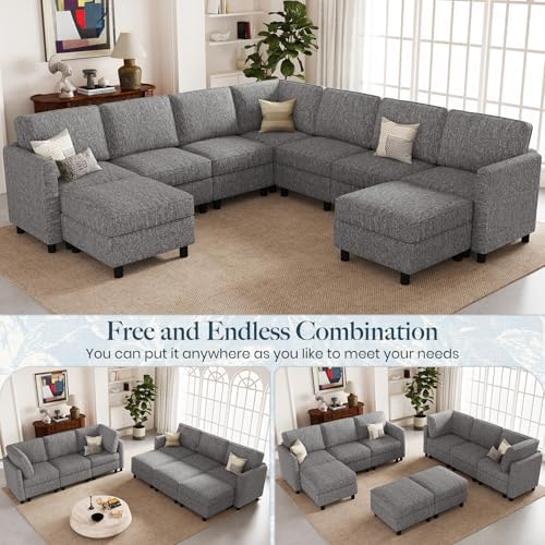 Belffin 107.1" 9 Seats Modular Sectional Sofa U Shaped Couch Big Corner Washable Sectional Couches for Living Room Comfy Couches with Storage Seat Couch Sofas with Chaise,Grey - Image 4
