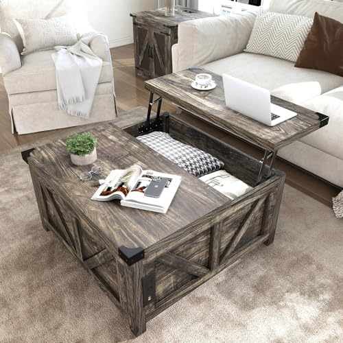 jimeimen Farmhouse Lift Top Coffee Table with Storage, Wood Square Center Table with Charging Station&USB Port, Living Room Table w/Large Hidden Space, for Living Room, Bedroom, Home Office, Dark Grey by jimeimenFurniture