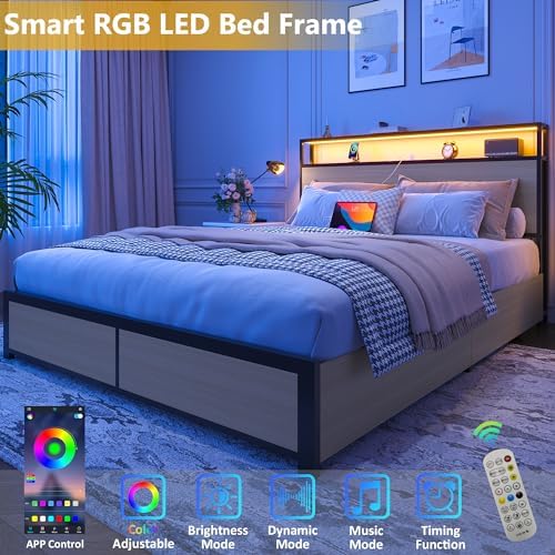 Lifezone Queen Bed Frame with 2-Tier Storage Headboard, Metal Platform Bed Frame with 4 Storage Drawers, Built in Charging Station & LED, Noise-Free/Metal Support/No Box Spring Needed, Beige - Image 4