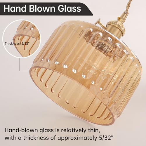 Shenmoyl Pendant Light with Amber Striped Glass Lmapshade, Brass Vintage Pendant Light Adjustable Hanging Light for Kitchen Island Dining Room Hallway - Image 4