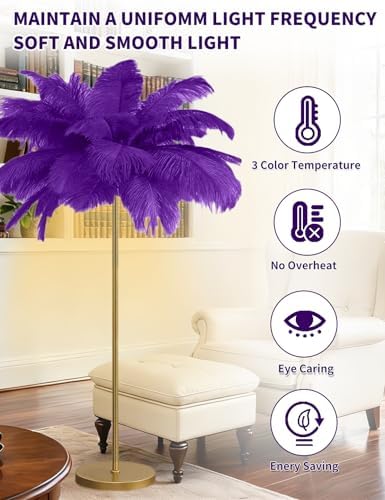 Feather Floor Lamp,Fluffy Ostrich Feather Floor Lamp for Bedroom,3 Color Temperatures Led Corner Modern Floor Lamps for Living Room Christmas Home Decor House Warming Gifts,63″ Height (Deep Purple) - Image 5
