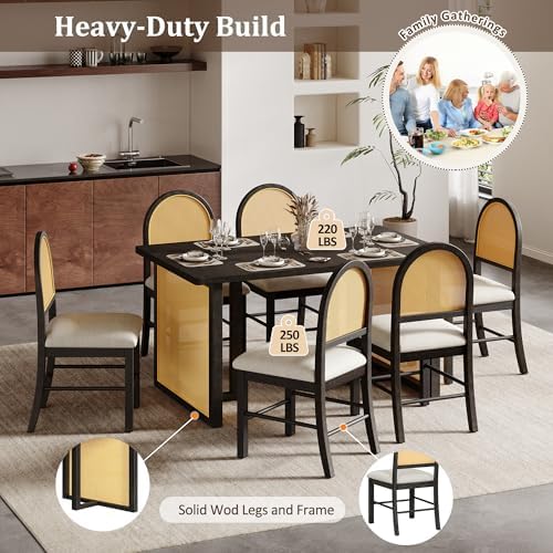 VilroCaz Farmhouse 7-Piece Dining Table Set for 6-59.8" Rectangular Dining Table with Distressed Oak Veneer and 6 Upholstered Chairs, Rattan-Wood Combination for Kitchen Dining Room (Espresso-9.26) - Image 4