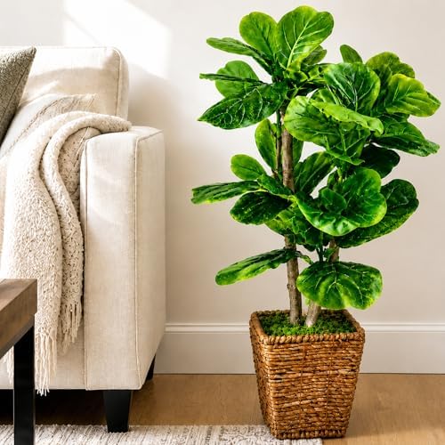 Fake Plant 3ft Faux Fiddle Leaf Fig Tree in Premium Woven Basket by LCG Florals, Fully Assembled, Real Wood Trunk, Artificial Indoor Plant for Living Room Décor, Fake Tree for Home Office Bedroom by LCGFlorals