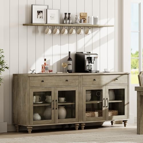 WAMPAT Sideboard Buffet Cabinets with 4 Glass Doors, Kitchen Storage Cabinets, Wooden Coffee Bar Tables with Vintage Gourd Leg, Accent Sideboard Credenza Table for Dining Room, Living Room, Wash Grey - Image 3