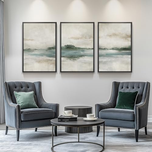 Large Framed Blue Green Abstract Landscape Wall Art, 3 Piece Set, 20x30 In - Image 4