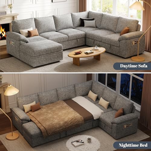 106'' Modular Sectional Sofa with Pull Out Bed, Sleeper Sofa, Light Gray - Image 4