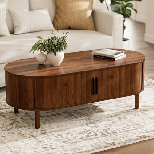 ZttRiee Oval Coffee Table with Sliding Doors, Mid-Century, Walnut by ZttRiee