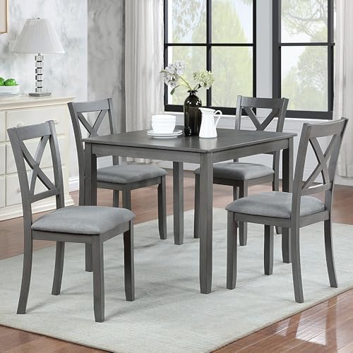 Harper & Bright Designs Modern 5-Piece Wooden Dining Table Set for 4, Grey Square Kitchen Table & 4 Upholstered Seating Chairs, Acacia/Birch Veneer, Space-Saving Design for Dining Room & Small Spaces by HarperBrightDesigns