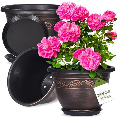 Plastic-Plant-Flower-Planters-10 Inch With Drainage Hole & Saucer, 3 Packs Lightweight Small Resin Flower Pot Indoor Outdoor, Retro Antique Imitation Decorative Garden Containers Sets For Houseplants by Pottiffe