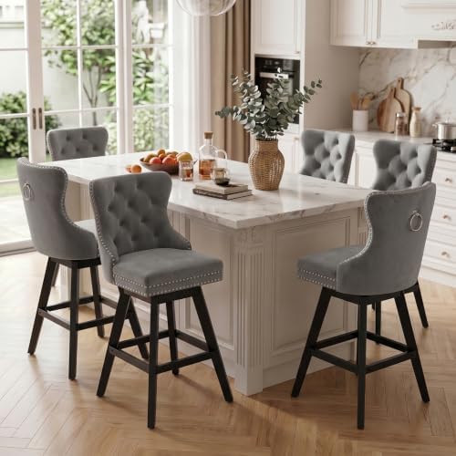 SoarFlash Kitchen Swivel Bar Stools with Solid Wood Legs Upholstered Counter Stools Set of 6, Grey by SoarFlash