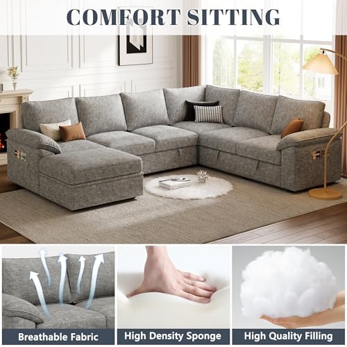 106'' Modular Sectional Sofa with Pull Out Bed, Sleeper Sofa, Light Gray - Image 5