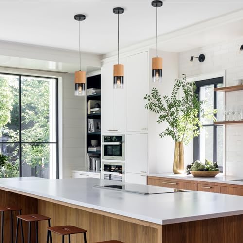 3-Pack Modern Pendant Lights for Kitchen Island, Adjustable Black Pendant Light Fixtures with Raw Wood Grain, Industrial Glass Pendant Lights for Dining Table Hallway Bedroom Living Room - Image 6
