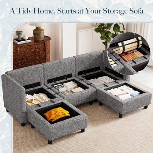 Belffin 84.3" 5 Seats U Shaped Couch Modular Sectional Sofa Washable Sectional Couches for Living Room Comfy Couches with Storage Seat Couch Sofas with Chaise,Grey - Image 3