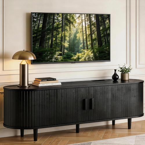 MXV 65" TV Stand with Sliding Doors for Living Room, Mid Century Modern Entertainment Center, TV Console with Fluted Door Cabinets and Power Outlet, Black by Unknown
