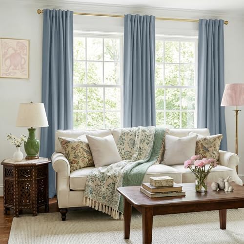 Faux Linen Total Blackout Curtains for Bedroom 96 Inches Long, Dusty Blue - Image 5