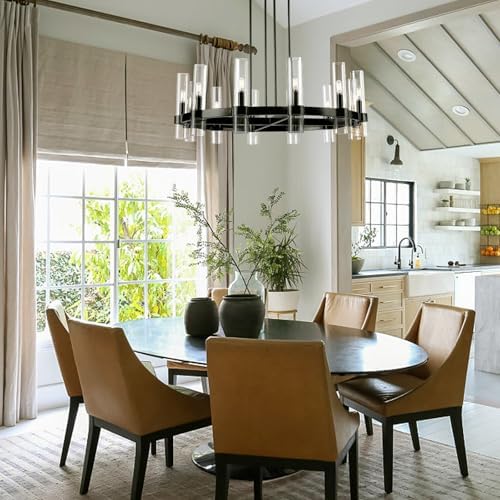 12 Light Black Round Chandelier 36'' Wagon Wheel Chandeliers for Dining Room Light Fixture Clear Glass Tube Chandelier Modern Farmhouse Chandeliers for Living Room Bedroom, Bulb Included - Image 2
