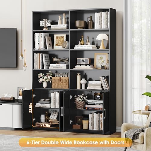 FACBOTALL Bookshelf and Bookcase with Doors, Double Wide Large Bookshelves - Image 5