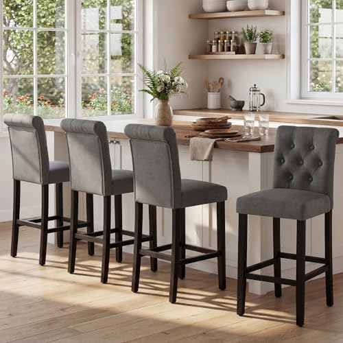 LSSBOUGHT 24 Inches Upholstered Counter Stools, Bar Stools Set of 4, Fabric Counter Stools with Back, Counter Height Bar Chairs with Solid Wood Legs for Home Kitchen Island Dining Room, (4pcs,Grey) by LSSBOUGHT