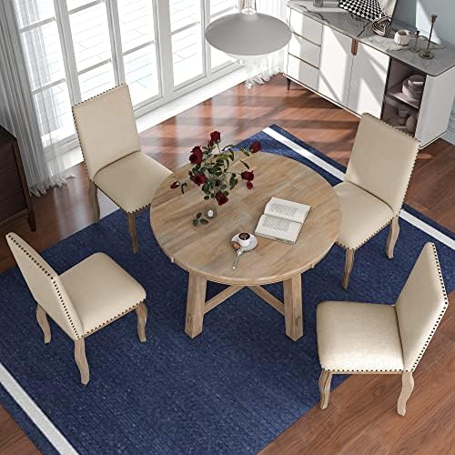 Harper & Bright Designs Round Kitchen Dining Table Set for 4, 5 Piece Farmhouse Wood Round Extendable Dining Table and 4 Upholstered Dining Chairs, Natural Wood Wash - Image 5
