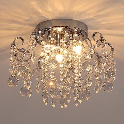 Q&S Small Crystal Chandelier Flush Mount Ceiling Light 3 Lights Modern Chrome Iron Raindrop Crystal Ceiling Fixture for Bedroom Hallway Closet Entryway Stairs by QSLighting