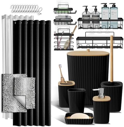 Clara Clark Bathroom Accessories Set - 27PC Bathroom Set with Adhesive Corner Shower Caddy Hanging, Bathroom Sets with Shower Curtain and Rugs, Ombre Black Shower Curtain Set with Bathroom Trash Can by ClaraClark