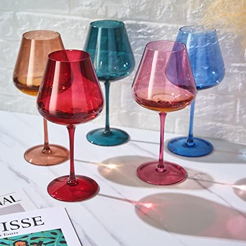 Khen Flower Blooms Colored Crystal Wine Glass Set of 5, Large 20 OZ Stemmed Glasses, Italian Style Tall Drinkware for Red & White Wine, Water, Dinner, Beautiful Gift Glassware by Khen