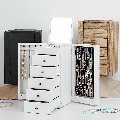 Meangood Jewelry Box Wood for Women, 6-Layer Large Organizer Box with Mirror & 5 Drawers for Rings, Earrings, Necklaces, Vintage Style, White - Image 5