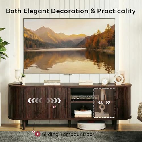 MXV 65" Mid-Century Modern TV Consoles with Sliding Doors, TV Stand with Power Outlet, Fluted Entertainment Center with Adjustable Shelves for Living Room - Image 4