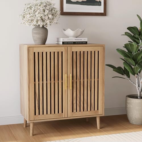 Smart FENDEE Sideboard Cabinet, 31.5" W Farmhouse Buffet Cabinet with Slatted Doors & Adjustable Shelf, Wooden Coffee Bar Storage Station for Kitchen, Dining Room, Living Room, Entryway, Natural by SmartFENDEE