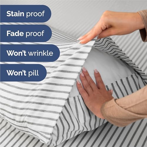 King Size 4 Piece Sheet Set - Breathable & Cooling Sheets - Grey Stripes - Image 5