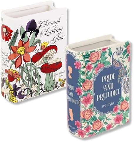 Steel Mill & Co Book-Shaped, Ceramic, Decorative Vase, Large - Pride and Prejudice Bundle with Book-Shaped Decorative Vase, Large -Through The Looking Glass by SteelMillCo
