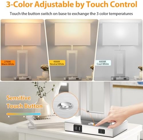 Table Lamps for Bedrooms Set of 2, 27.2’’ Tall Modern Silver Lamps for Living Room Nightstand, Touch Control Bedside Lamps with 2 USB Ports&AC Outlet, Stepless Dimming, 3 Color Temp. Bulbs Covered - Image 3