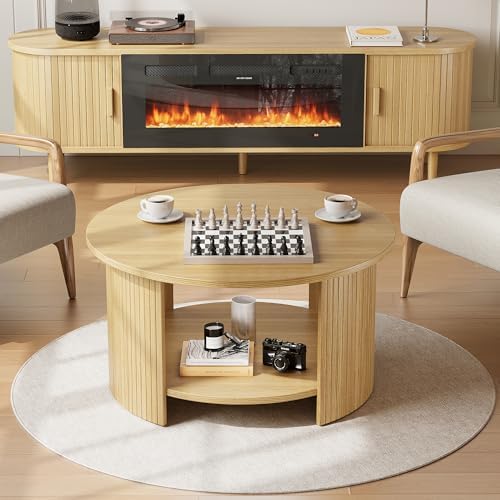 Round Coffee Table with Storage, 31.5" Modern Fluted Center Table, 2-Tier Mid Century Coffee Table, Wood Circle Table for Living Room, Home Office, Small Space, Oak - Image 5