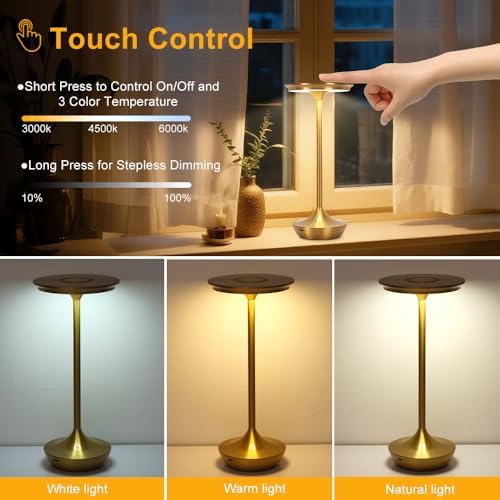 Rechargeable Cordless Table Lamp,Portable Outdoor 6000mAh Battery Operated LED Table Light Touch Control 3 Color Dimmable for Bedroom,Patio,Cofee,Camping,Dining,Restaurant&Livingroom-Gold - Image 3