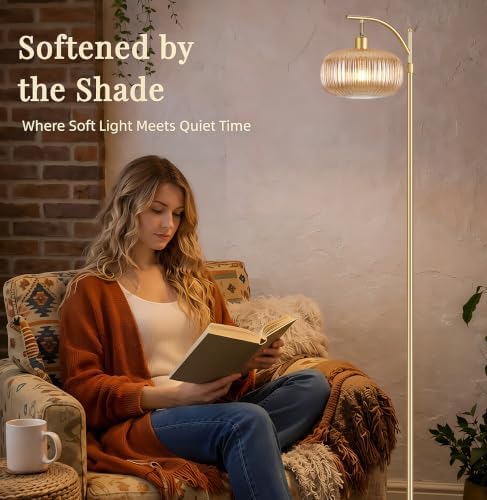 Gold Floor Lamp for Living Room,Bedroom,Dimmable Glass Standing Lamp with Amber Lampshade & Remote, Brass Tall Lamp Boho Modern Floor Lamps Arc Floor Light Lamp,12W Bulb Included - Image 7