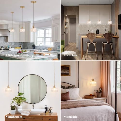 Shenmoyl Pendant Light with Clear Striped Glass Lmapshade, Brass Vintage Pendant Light Adjustable Hanging Light for Kitchen Island Dining Room Hallway - Image 4