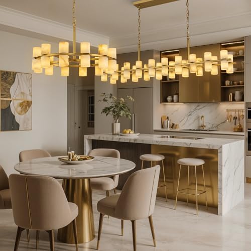 Alabaster Chandelier, Natural Spanish Stone Texture Chandeliers, D23.6in Round Chandeliers for Dining Room Small Chandelier Light Fixture for Kitchen Living Room Foyer Entryway Hallway (Brass) - Image 6