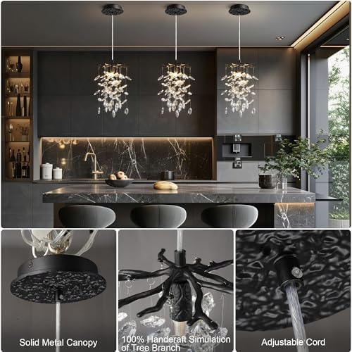 8.3" Black Crystal Pendant Light for Kitchen Island, Modern Tree Branch Chandeliers, Luxury Round Raindrop Chandelier Pendant Lights Fixture for Dining Room, Living Room, Bedroom, Foyer, Entryway - Image 7