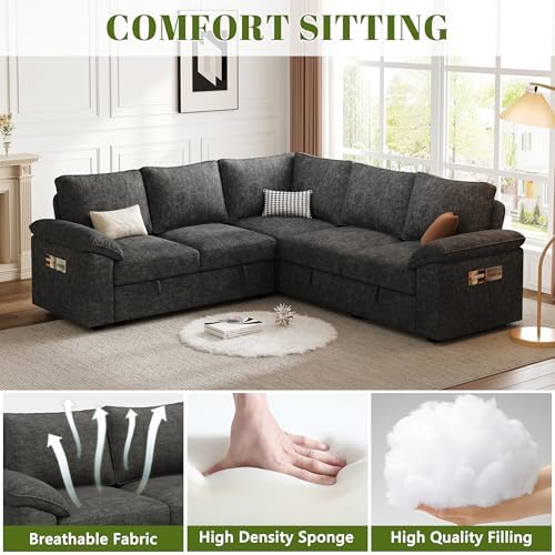 85'' Modular Sectional Sofa with Pull Out Bed, Sleeper Sofa, Dark Gray - Image 5