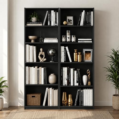 Furinno Jaya 5-Tier Book Shelf with Adjustable Shelves Set of 2, Darkwood by Furinno-FitsYourSpaceFitsYourBudget