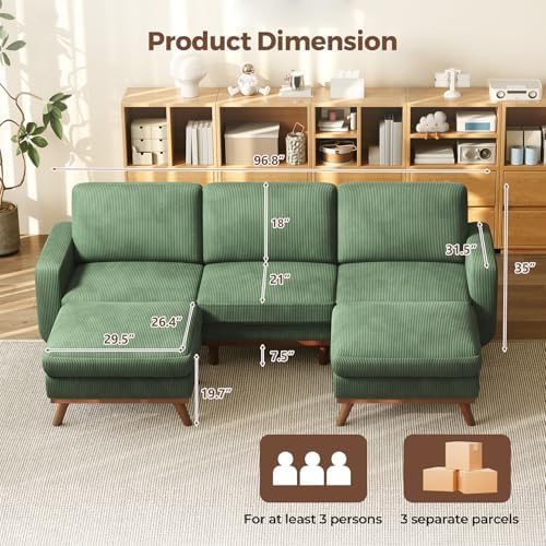 Vesgantti 97" Modular Sectional Sofa Green, U-Shaped Couch with Movable Ottoman, Comfy Corduroy Couch with Spring Cushion, Modular Sofa with Deep Seat for Living Room, Bedroom and Apartment - Image 2