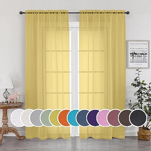 OWENIE Sheer Curtains 84 Inches Long 2 Panels Set, Gold Sheer Curtain for Living Room, Rod Pocket Voile Fimly Sheer Drapes for Bedroom, 2pcs, Each 42" W x 84" L by OWENIE