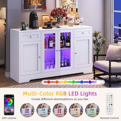 knoworld LED Coffee Bar Cabinet with Storage, 55'' Large Sideboard Buffet Cabinet, Wood Coffee Bar Buffet Table with 4 Doors and Charging Station, Modern LED Lights Sideboard for Kitchen, Dining Room - Image 5