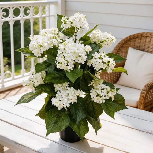 24 Inch Artificial White Hydrangea Potted Plant, 2 Pack Faux Silk Flower Bonsai Tree with Black Planter, Realistic Fake Flower for Tabletop, Shelf, Home Bedroom Office Porch Decor - Image 5