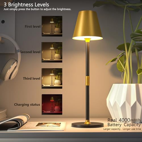 Timjorman 2-Pack Cordless Table Lamps - 5000mAh Rechargeable Battery Operated Desk Lamp, 3-Level Dimmable LED Night Light for Bedroom, Dining, Restaurant - Metal Design(Gold&Black 2-Pack) - Image 2