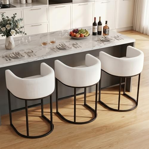 Counter Height Bar Stools Set of 3, 24 Inch Seat Height Barstools for Dining Room, Fabric Upholstered Bar Chair for Kitchen Island, Linen Counter Stools with Metal Legs, White by KRAMZMINGQualityHome
